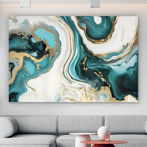 Leinwandbild Fluid Art Türkis gold Querformat