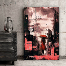 Lade das Bild in den Galerie-Viewer, Leinwandbild Frau mit Regenschirm in abstrakter Stadtlandschaft Hochformat
