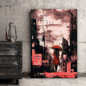 Leinwandbild Frau mit Regenschirm in abstrakter Stadtlandschaft Hochformat
