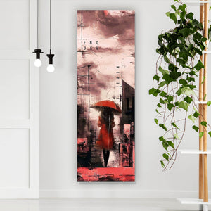 Leinwandbild Frau mit Regenschirm in abstrakter Stadtlandschaft Panorama Hoch