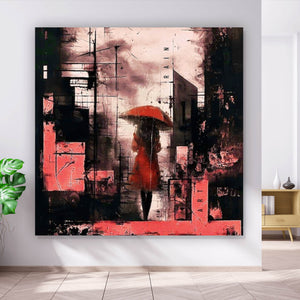 Leinwandbild Frau mit Regenschirm in abstrakter Stadtlandschaft Quadrat