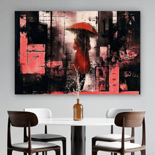 Lade das Bild in den Galerie-Viewer, Leinwandbild Frau mit Regenschirm in abstrakter Stadtlandschaft Querformat
