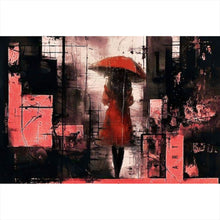 Lade das Bild in den Galerie-Viewer, Leinwandbild Frau mit Regenschirm in abstrakter Stadtlandschaft Querformat
