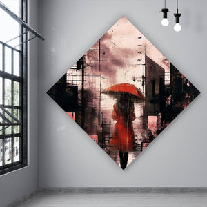 Leinwandbild Frau mit Regenschirm in abstrakter Stadtlandschaft Raute