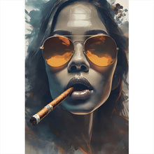 Lade das Bild in den Galerie-Viewer, Acrylglasbild Frau mit Sonnenbrille und Zigarre Hochformat
