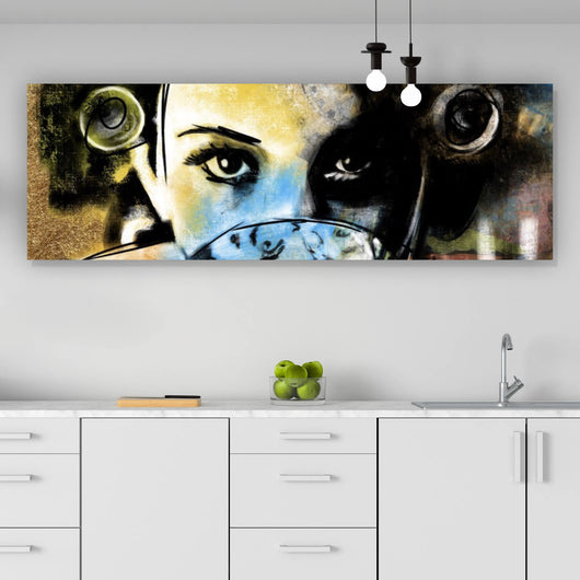 Poster Frau mit Tasse farbenfrohe künstlerische Darstellung Panorama