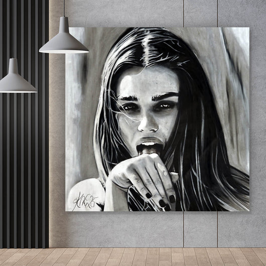Acrylglasbild Freche abstrakte Frau in Schwarz Weiß Quadrat