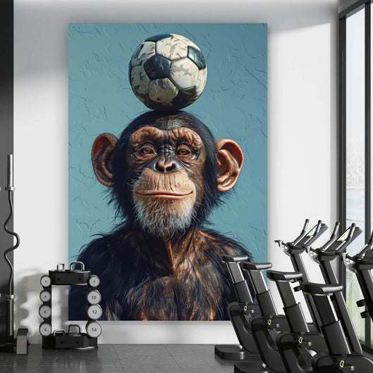 Aluminiumbild Frecher Schimpanse mit Fußball Hochformat