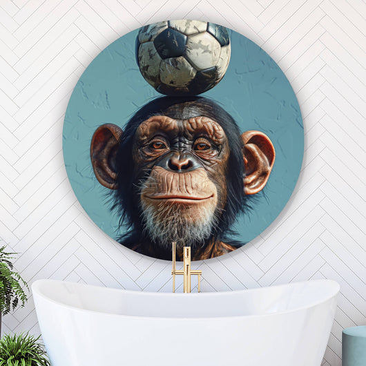 Aluminiumbild Frecher Schimpanse mit Fußball Kreis