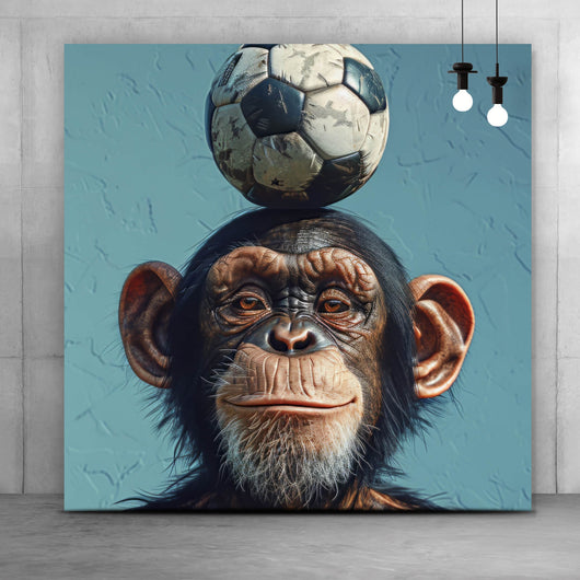 Spannrahmenbild Frecher Schimpanse mit Fußball Quadrat
