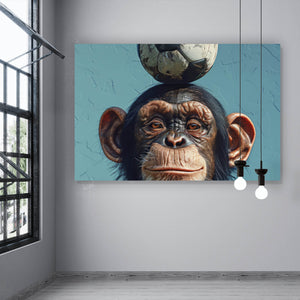 Aluminiumbild Frecher Schimpanse mit Fußball Querformat