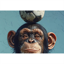 Lade das Bild in den Galerie-Viewer, Aluminiumbild gebürstet Frecher Schimpanse mit Fußball Querformat
