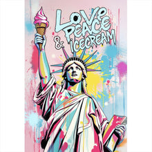 Lade das Bild in den Galerie-Viewer, Aluminiumbild Freiheitsstatue mit Ice Cream im Pop Art Stil Hochformat
