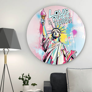 Aluminiumbild gebürstet Freiheitsstatue mit Ice Cream im Pop Art Stil Kreis
