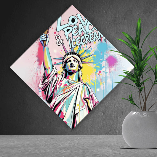 Aluminiumbild gebürstet Freiheitsstatue mit Ice Cream im Pop Art Stil Raute