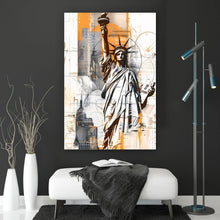 Lade das Bild in den Galerie-Viewer, Leinwandbild Freiheitsstatue vor moderner Stadt Hochformat
