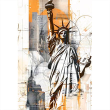 Lade das Bild in den Galerie-Viewer, Leinwandbild Freiheitsstatue vor moderner Stadt Hochformat
