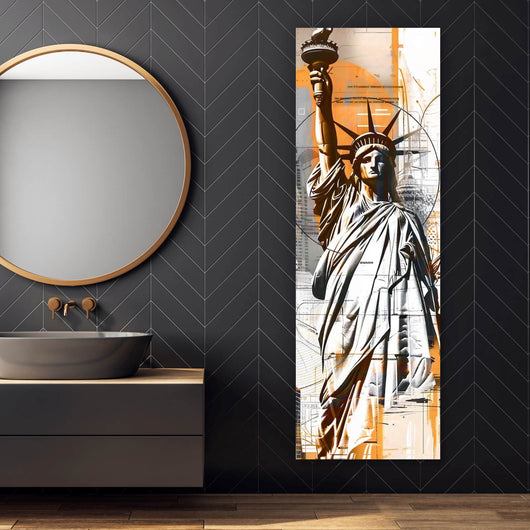 Acrylglasbild Freiheitsstatue vor moderner Stadt Panorama Hoch