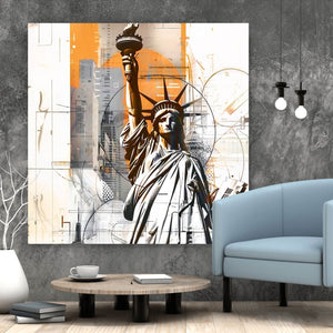 Acrylglasbild Freiheitsstatue vor moderner Stadt Quadrat