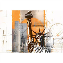 Lade das Bild in den Galerie-Viewer, Leinwandbild Freiheitsstatue vor moderner Stadt Querformat
