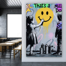 Lade das Bild in den Galerie-Viewer, Aluminiumbild gebürstet Fröhliches Graffiti mit lachendem Gesicht und Kindern Hochformat
