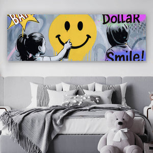 Acrylglasbild Fröhliches Graffiti mit lachendem Gesicht und Kindern Panorama