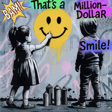 Lade das Bild in den Galerie-Viewer, Leinwandbild Fröhliches Graffiti mit lachendem Gesicht und Kindern Quadrat
