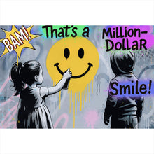 Lade das Bild in den Galerie-Viewer, Leinwandbild Fröhliches Graffiti mit lachendem Gesicht und Kindern Querformat
