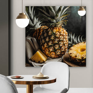 Leinwandbild Fruchtige Ananas auf Leinentuch Quadrat