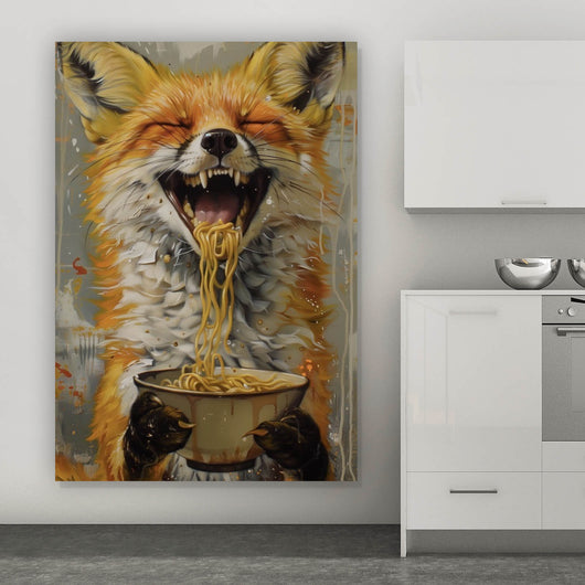 Acrylglasbild Fuchs genießt lachend eine Schüssel mit Nudeln No.2 Hochformat