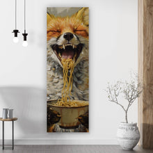 Lade das Bild in den Galerie-Viewer, Acrylglasbild Fuchs genießt lachend eine Schüssel mit Nudeln No.2 Panorama Hoch
