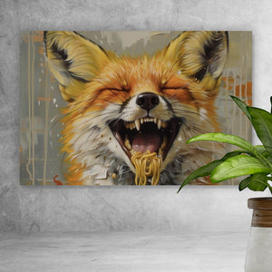 Acrylglasbild Fuchs genießt lachend eine Schüssel mit Nudeln No.2 Querformat