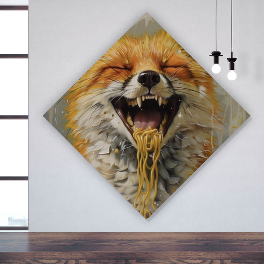 Acrylglasbild Fuchs genießt lachend eine Schüssel mit Nudeln No.2 Raute