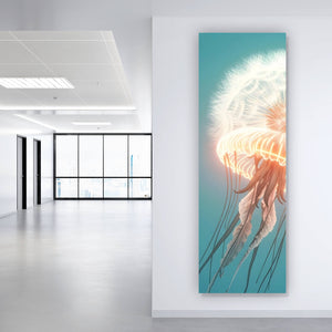 Leinwandbild Futuristische leuchtende Qualle im Wasser Panorama Hoch