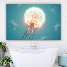 Lade das Bild in den Galerie-Viewer, Leinwandbild Futuristische leuchtende Qualle im Wasser Querformat
