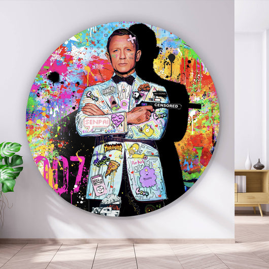 Aluminiumbild gebürstet Geheimagent im bunten Pop Art Stil Kreis