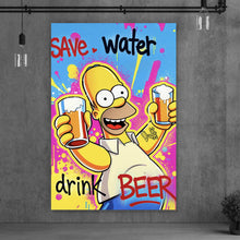 Lade das Bild in den Galerie-Viewer, Poster Gelbe Comicfigur mit Spruch Save Water Drink Beer No 2 Hochformat
