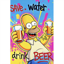 Lade das Bild in den Galerie-Viewer, Poster Gelbe Comicfigur mit Spruch Save Water Drink Beer No 2 Hochformat
