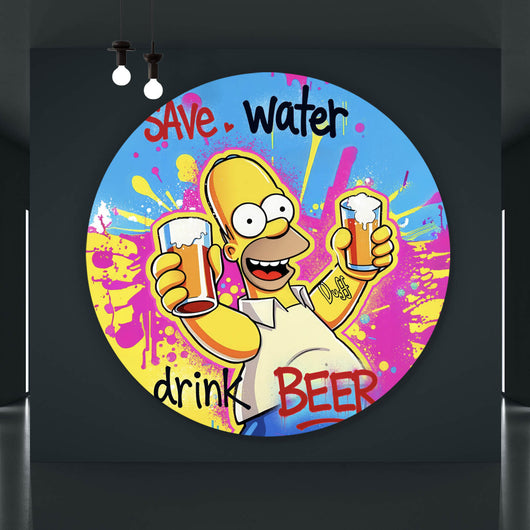 Aluminiumbild Gelbe Comicfigur mit Spruch Save Water Drink Beer No 2 Kreis