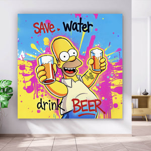 Aluminiumbild gebürstet Gelbe Comicfigur mit Spruch Save Water Drink Beer No 2 Quadrat