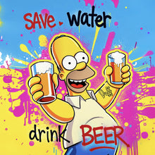 Lade das Bild in den Galerie-Viewer, Poster Gelbe Comicfigur mit Spruch Save Water Drink Beer No 2 Quadrat
