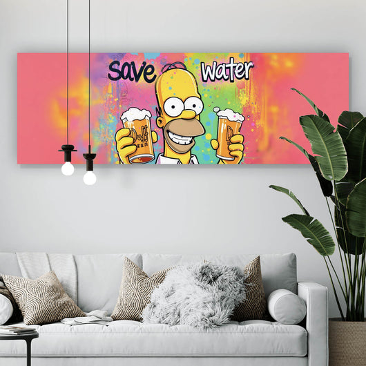 Acrylglasbild Gelbe Comicfigur mit Spruch Save Water Drink Beer Panorama