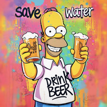 Lade das Bild in den Galerie-Viewer, Poster Gelbe Comicfigur mit Spruch Save Water Drink Beer Quadrat
