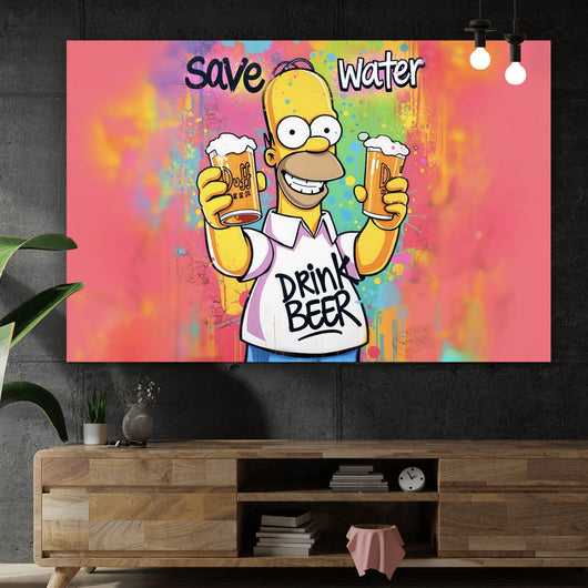 Poster Gelbe Comicfigur mit Spruch Save Water Drink Beer Querformat