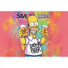 Lade das Bild in den Galerie-Viewer, Spannrahmenbild Gelbe Comicfigur mit Spruch Save Water Drink Beer Querformat
