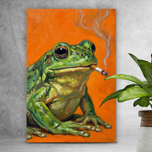 Lade das Bild in den Galerie-Viewer, Aluminiumbild gebürstet Gemalter Frosch der raucht Hochformat
