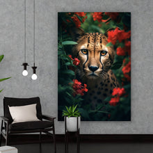 Lade das Bild in den Galerie-Viewer, Acrylglasbild Gepard schaut neugierig durch rote Blumen Hochformat
