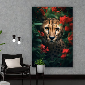 Acrylglasbild Gepard schaut neugierig durch rote Blumen Hochformat