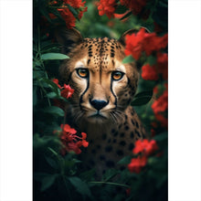 Lade das Bild in den Galerie-Viewer, Acrylglasbild Gepard schaut neugierig durch rote Blumen Hochformat
