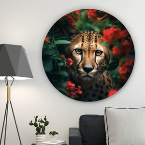 Aluminiumbild Gepard schaut neugierig durch rote Blumen Kreis